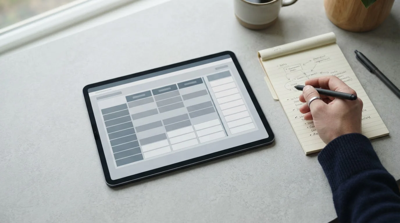 Schreibtisch mit Tablet, auf dem Vergleichstabellen verschiedener Wettanbieter zu sehen sind