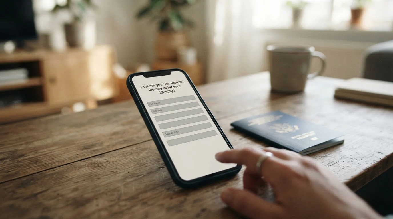Smartphone mit Auszahlungsformular und Personalausweis auf dem Tisch daneben