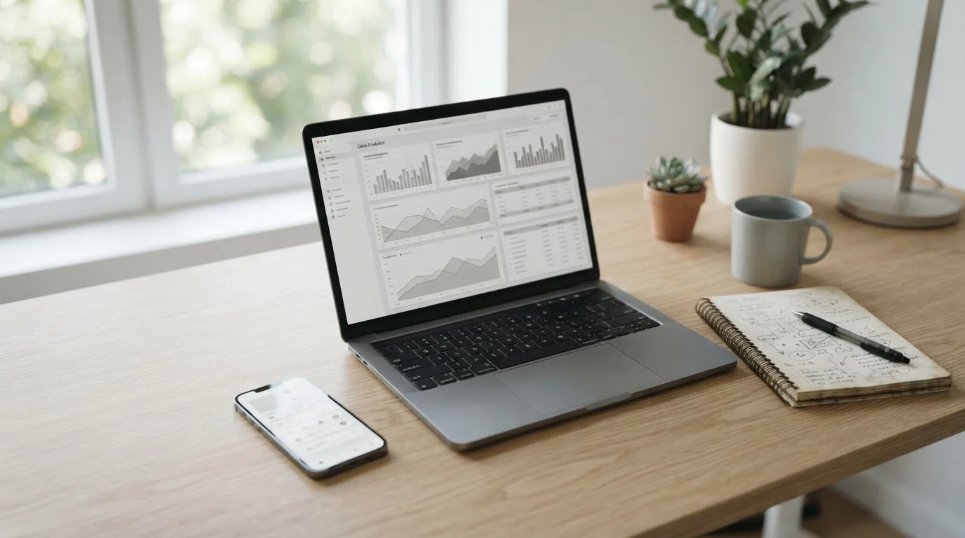 Analyse deutscher Buchmacher mit Laptop und Notizen auf aufgeräumtem Schreibtisch