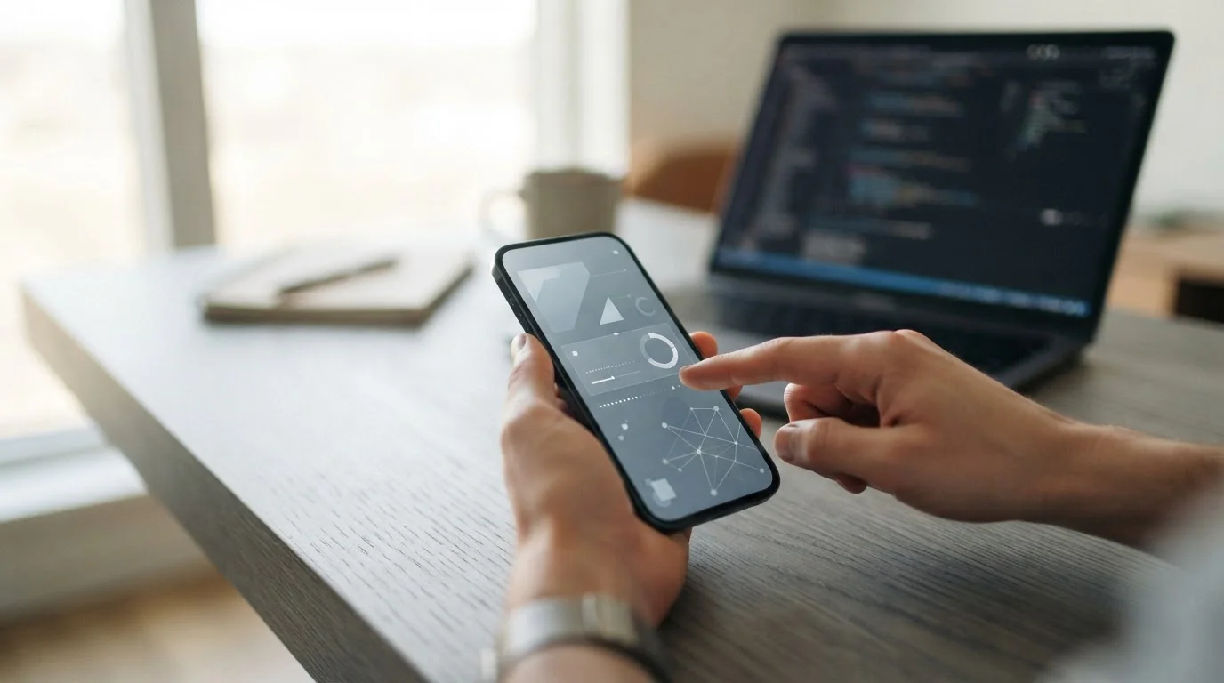 Smartphone mit abstraktem Wallet-Interface neben Laptop
