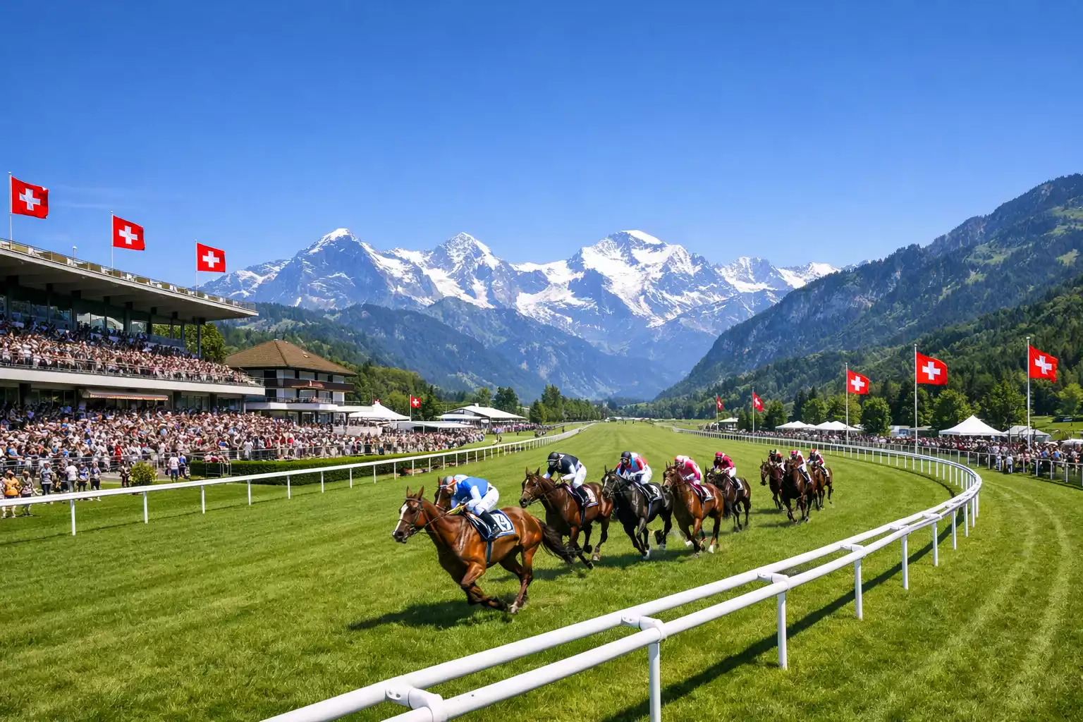 Schweizer Pferderennbahnen – Panorama einer Rennbahn mit Alpen