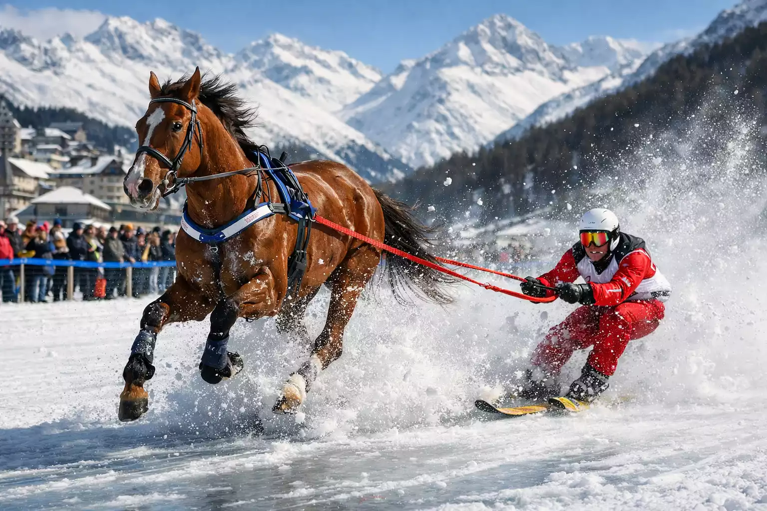 Skijöring beim White Turf – Skifahrer von Pferd gezogen