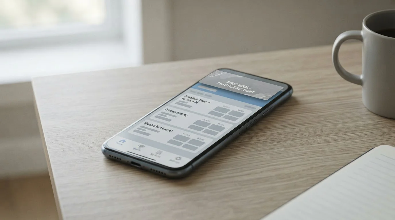 Smartphone mit Sportwetten-App im Demo-Modus mit deutlich gekennzeichnetem Testguthaben