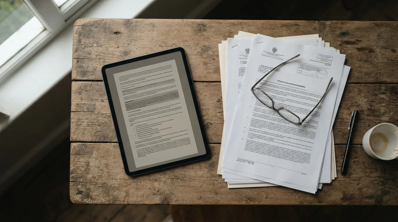 Offizielle Dokumente und Tablet mit Regulierungsinformationen zum deutschen Glücksspielstaatsvertrag