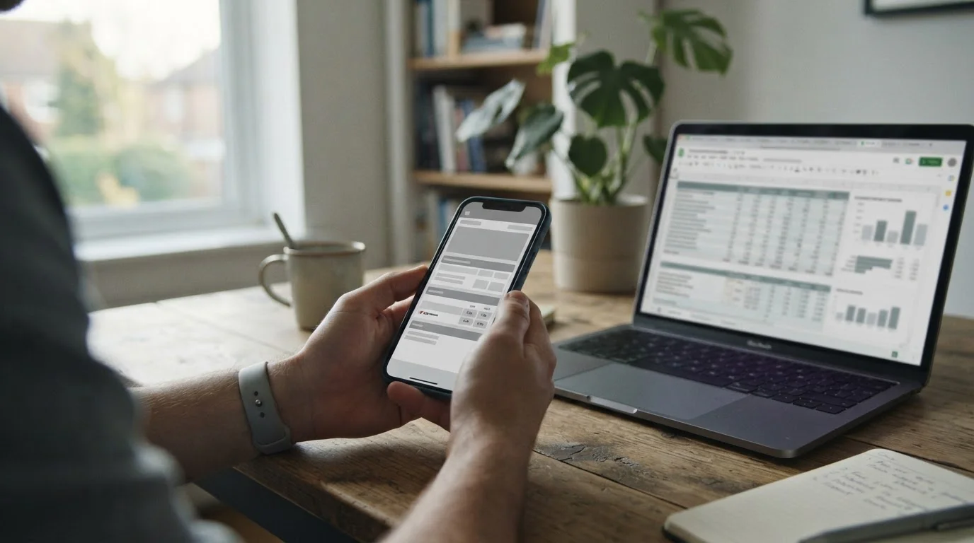 Smartphone mit Wett-App auf Schreibtisch neben Laptop in ruhiger Testumgebung