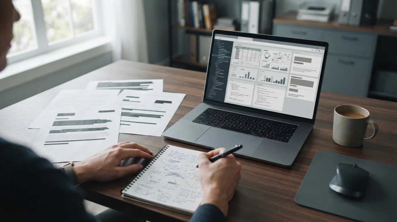 Arbeitsplatz mit Laptop und Analysematerialien zu internationalen Wettanbietern ohne deutsche Lizenz