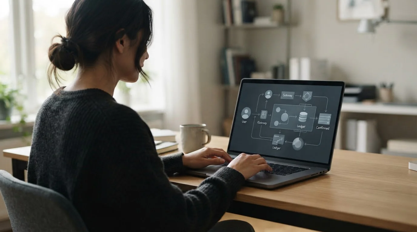Zahlungsvorgang am Laptop von der Seite gezeigt