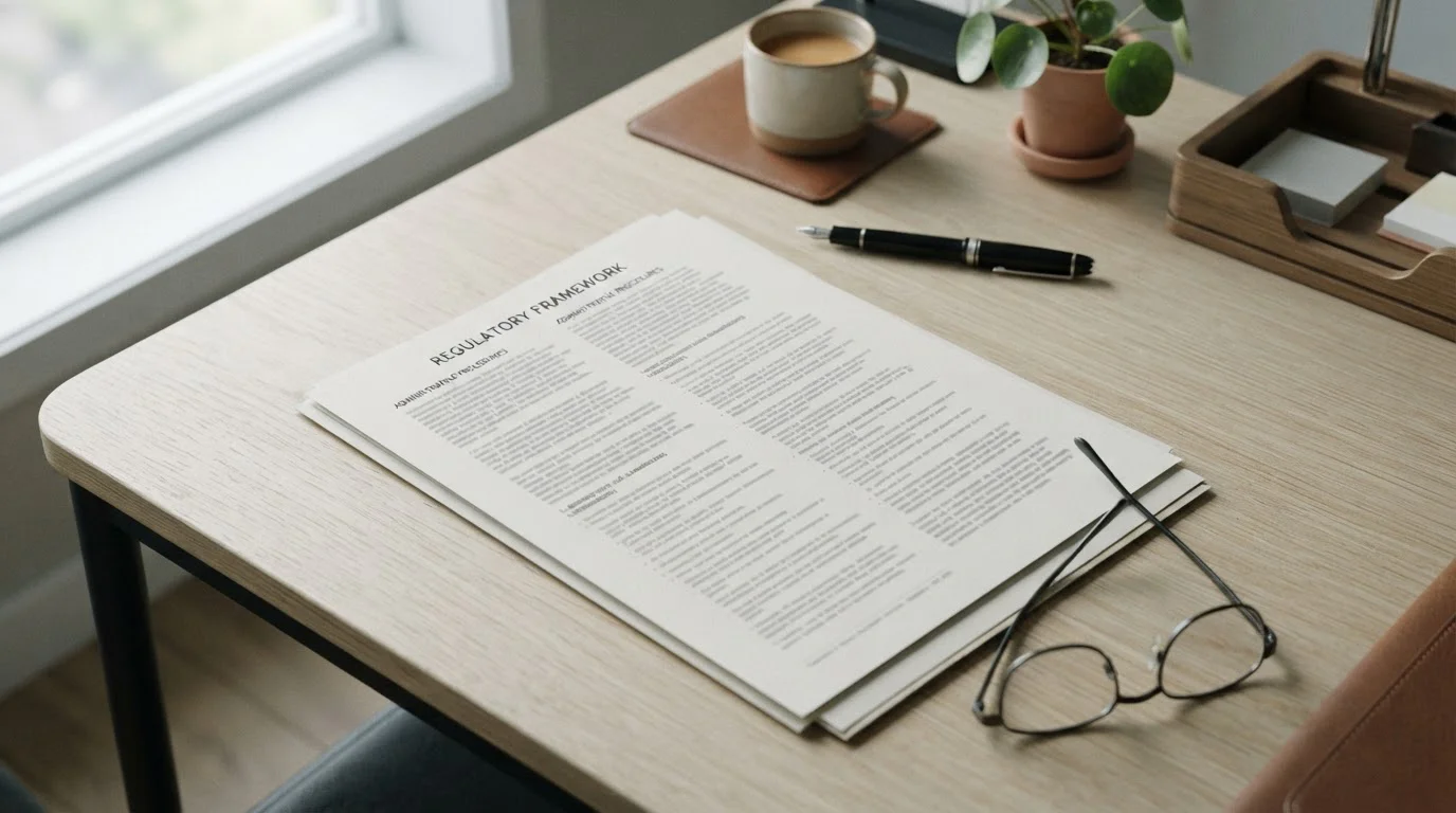 Dokument mit abstrakten Regulierungstexten und Paragraphenstruktur auf Schreibtisch