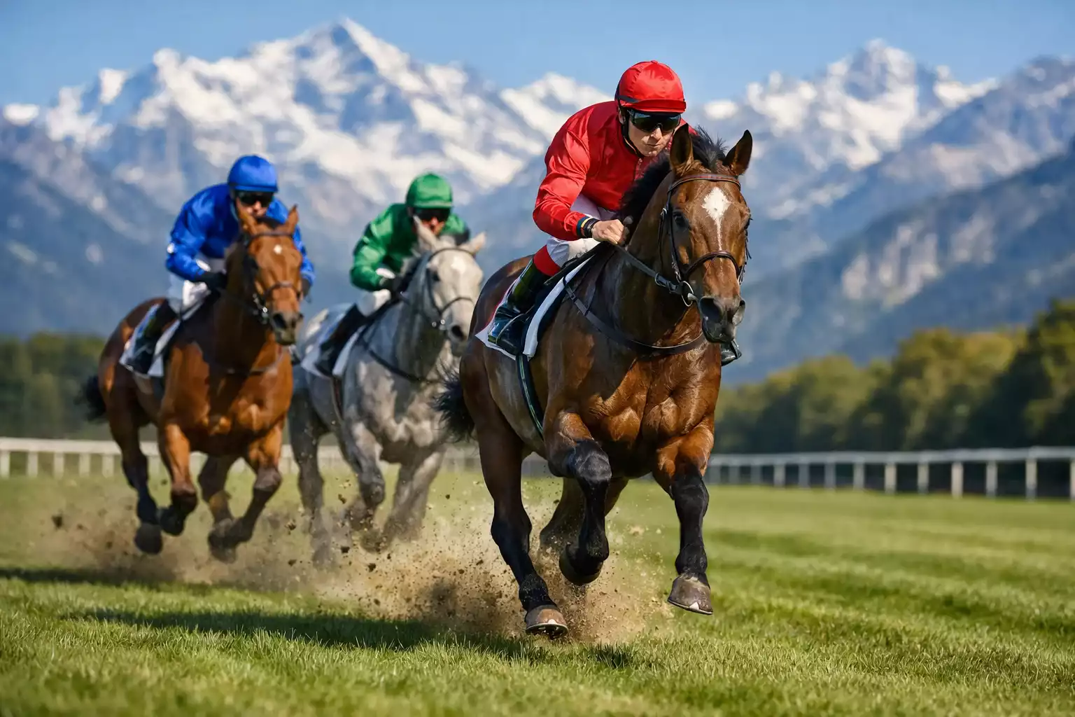 Galoppierende Rennpferde auf einer grünen Rennbahn vor Schweizer Alpenkulisse