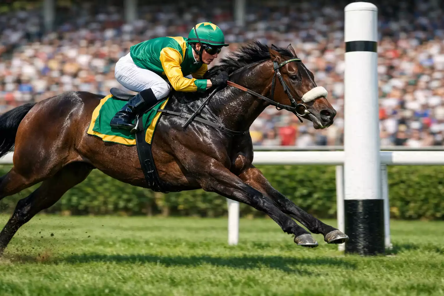 Jockey in bunten Farben auf seinem Pferd kurz vor der Ziellinie eines Galopprennens