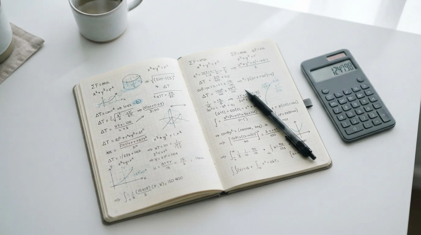 Draufsicht auf ein offenes Notizbuch mit handschriftlichen Berechnungen, daneben Taschenrechner und Stift