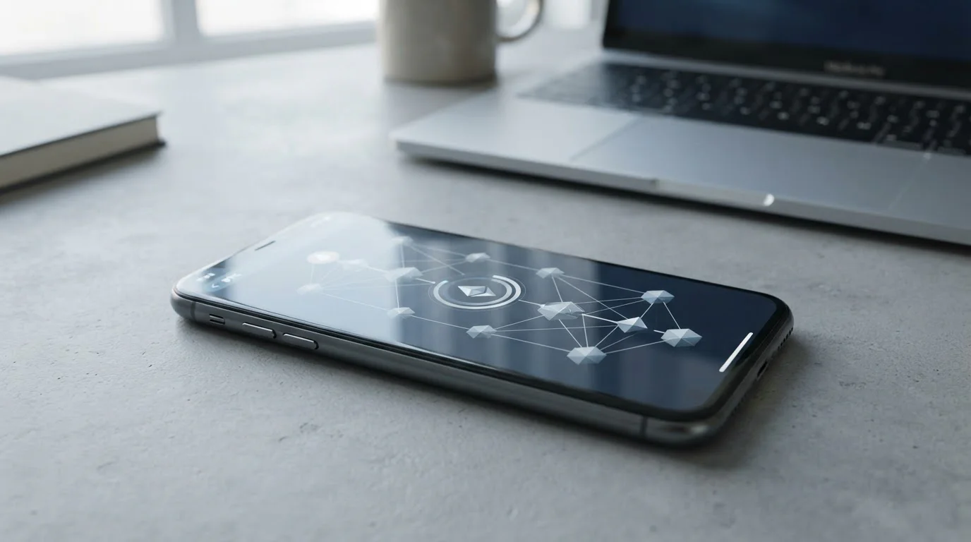 Smartphone-Display zeigt einen Krypto-Zahlungsablauf im Bearbeitungsschritt