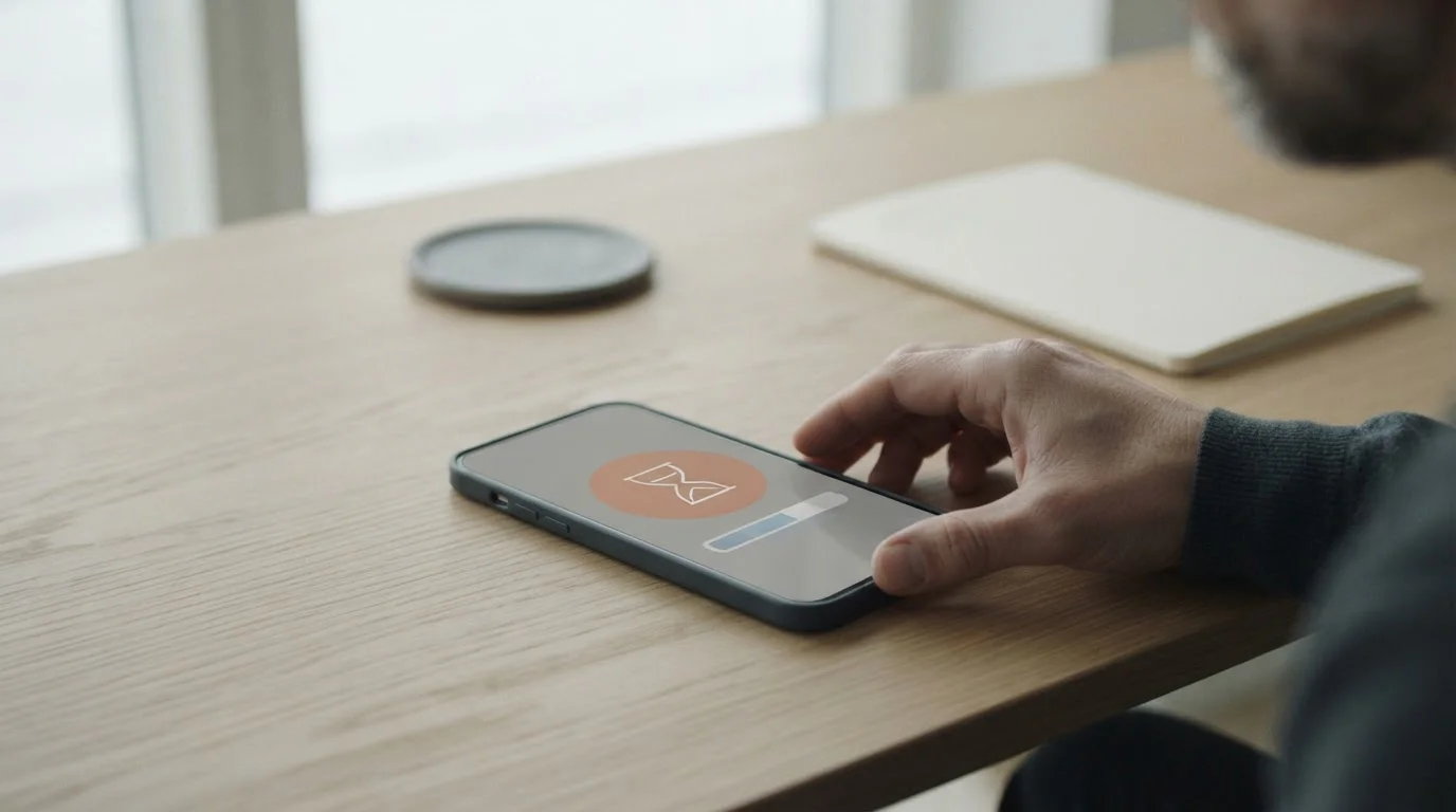 Smartphone zeigt abstraktes Limit-Interface vor ruhigem Hintergrund