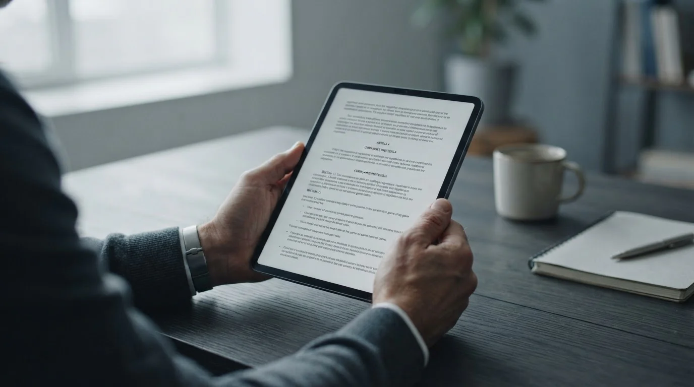 Hände halten Tablet mit einem anonymen regulatorischen Dokument über Einzahlungslimits