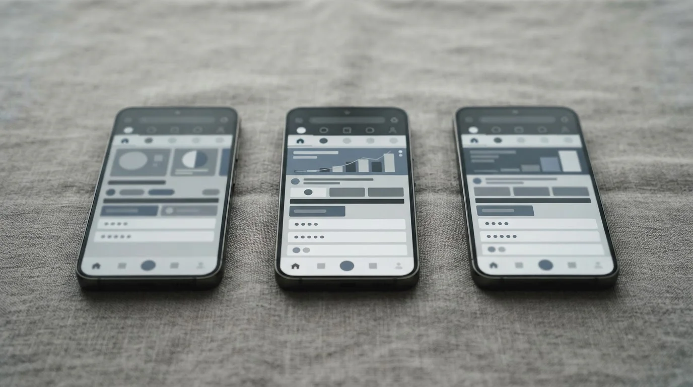 Mehrere Smartphones nebeneinander mit unterschiedlichen App-Oberflächen im Vergleichstest