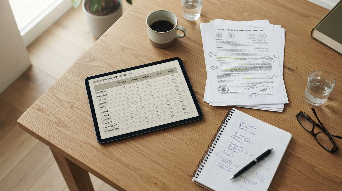Arbeitsplatz mit Tablet und Notizen für Vergleich von Buchmacher-Lizenzen