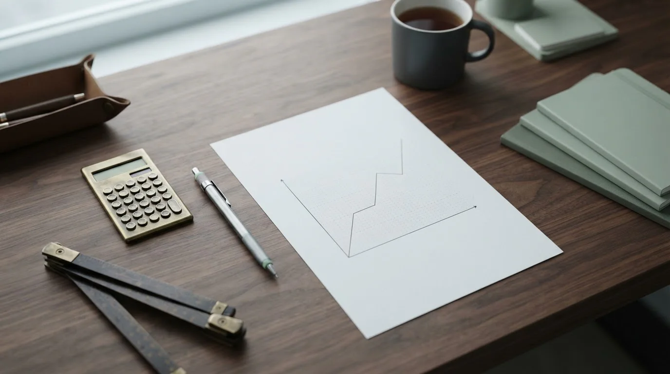 Schreibtisch mit Diagrammbogen, Taschenrechner und Bleistift für Quotenanalyse