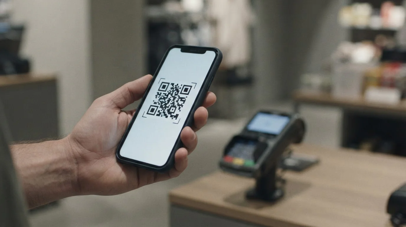 QR-Code auf Smartphone-Display vor unscharfem Terminal im Hintergrund