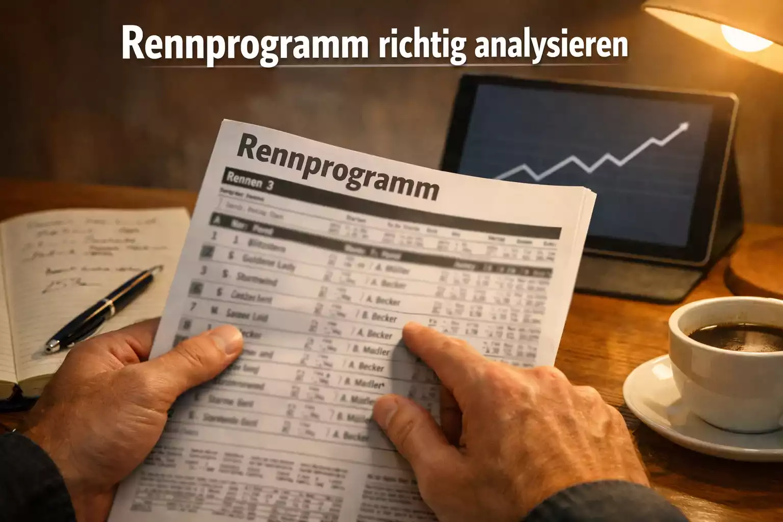 Person analysiert ein Rennprogramm mit Notizen und Statistiken für fundierte Wettentscheidungen