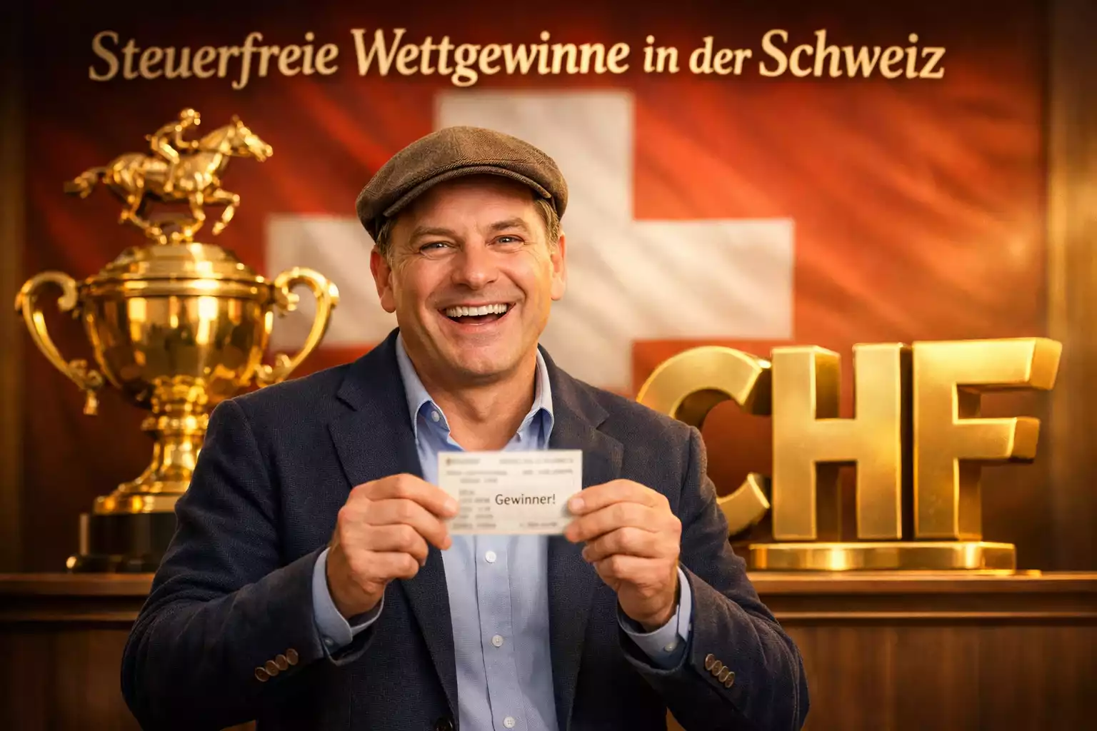 Symbolische Darstellung eines Wettgewinns mit Schweizer Franken-Symbol und Siegertrophäe
