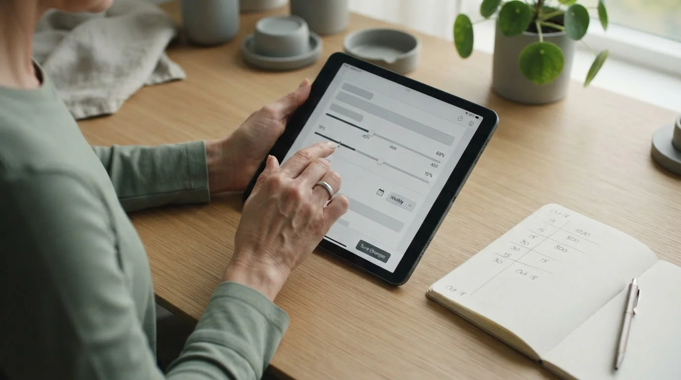 Hände justieren auf einem Tablet Einzahlungslimits mit einfachen Slidern