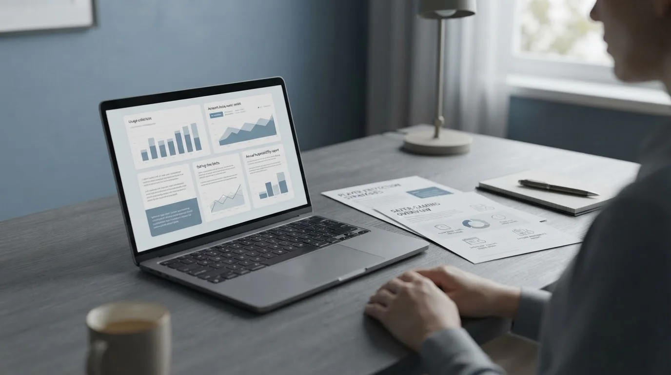 Ruhige Szene mit Laptop und Informationsmaterial über verantwortungsvolles Spielen