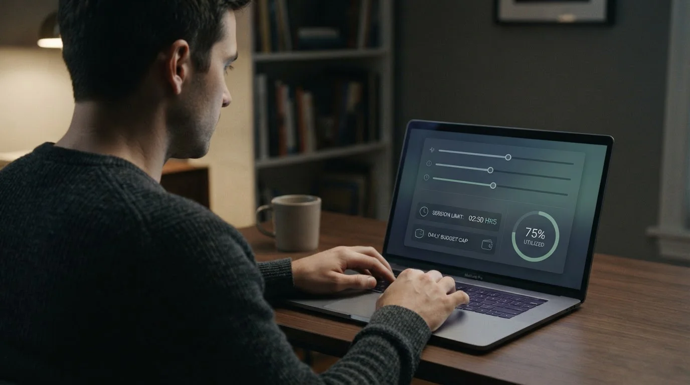 Person stellt Limits auf neutralem digitalen Interface ein, Darstellung von Selbstkontrolle beim Wetten
