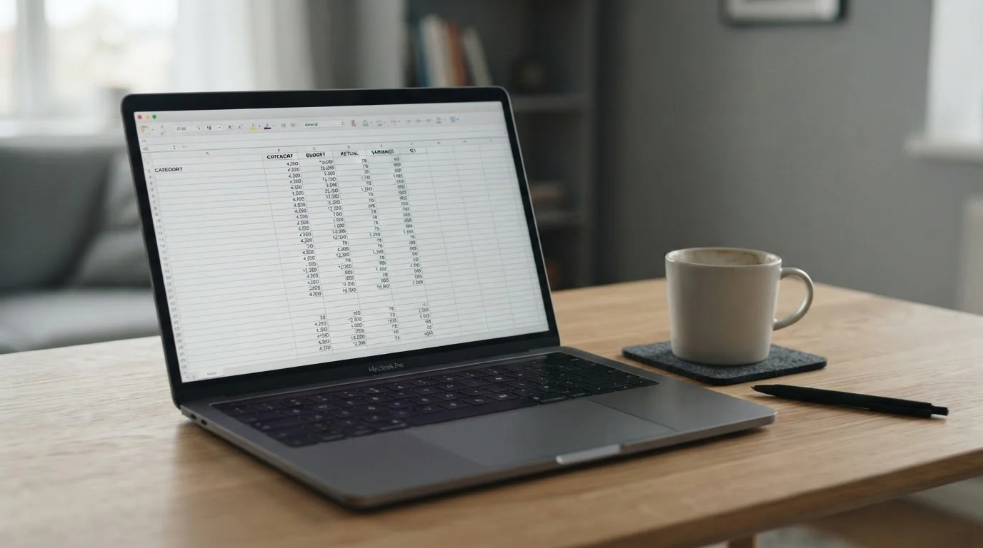 Laptop mit Budgetplanung und leerer Kaffeetasse auf Schreibtisch, ruhige und sachliche Atmosphäre