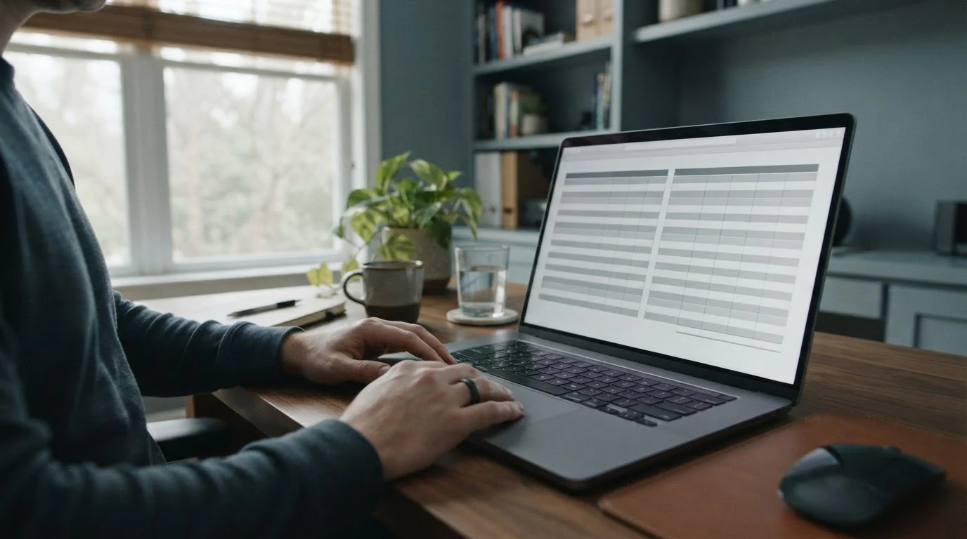 Notebook mit abstrakter Vergleichstabelle in Grautönen und einer Hand nah am Trackpad