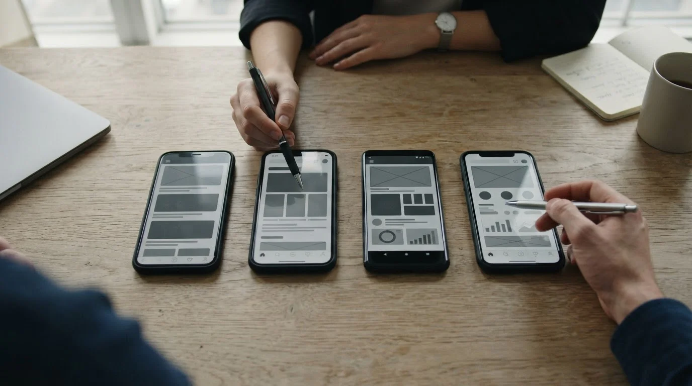 Detailaufnahme von Smartphones mit verschiedenen App-Oberflächen im Testverfahren