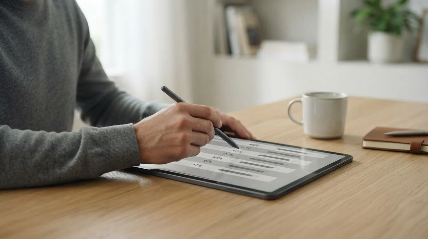 Person mit Stylus prüft eine tabellarische Übersicht auf einem Tablet, seitliche Perspektive im Tageslicht