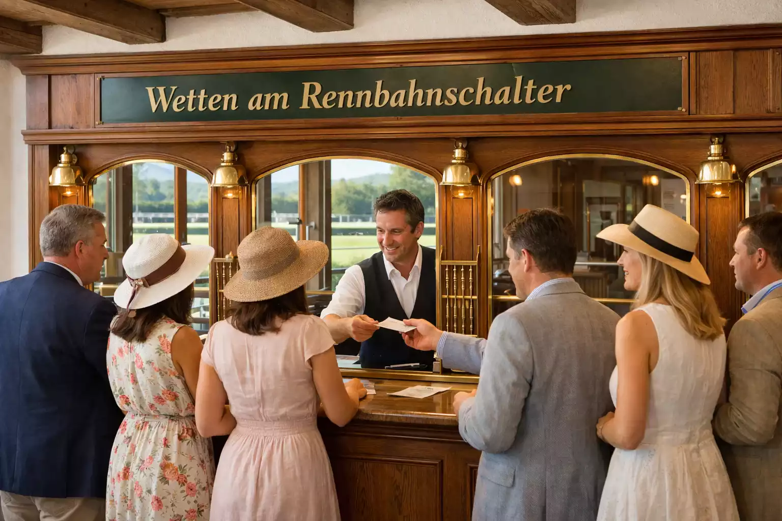 Elegantes Publikum an einem traditionellen Wettschalter auf einer Schweizer Rennbahn