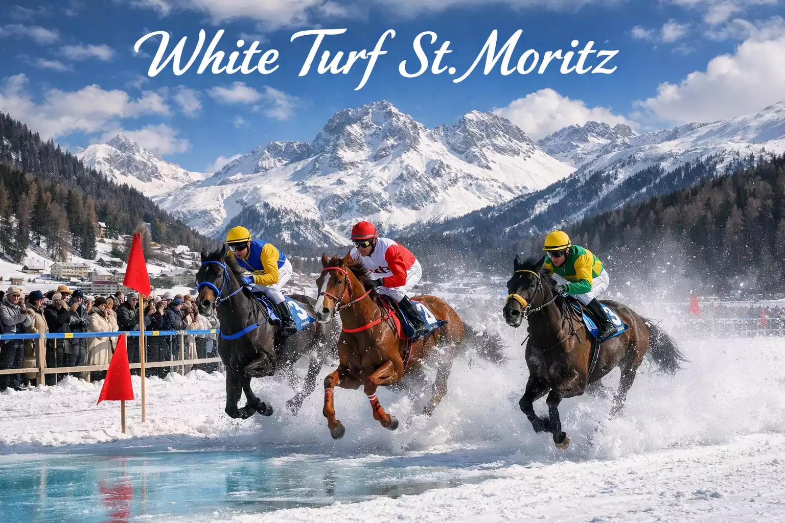 Pferderennen auf dem zugefrorenen St. Moritzersee beim White Turf vor alpiner Winterkulisse