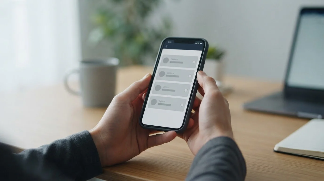 Hände halten Smartphone im Hochformat mit abstrakter Zahlungsauswahl aus grauen Blöcken auf hellem Tisch