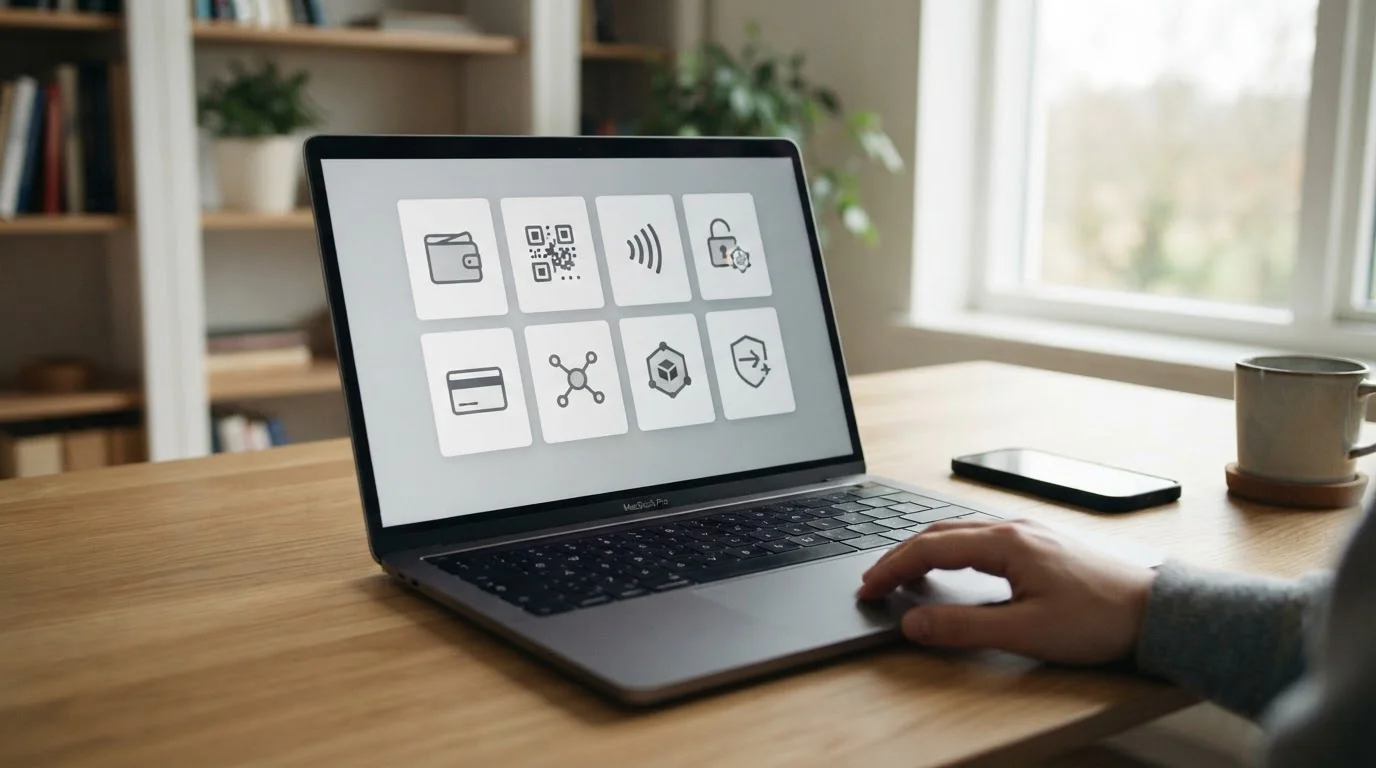 Laptop-Bildschirm zeigt verschiedene digitale Zahlungsoptionen in einer neutralen Oberfläche
