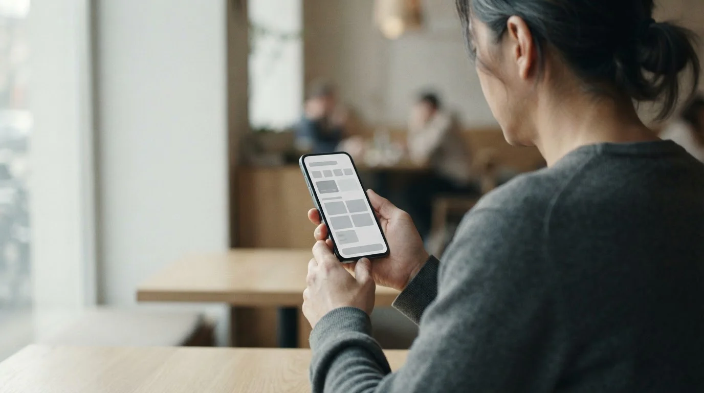 Person wählt zwischen abstrakten Zahlungsoptionen auf Smartphone-Bildschirm