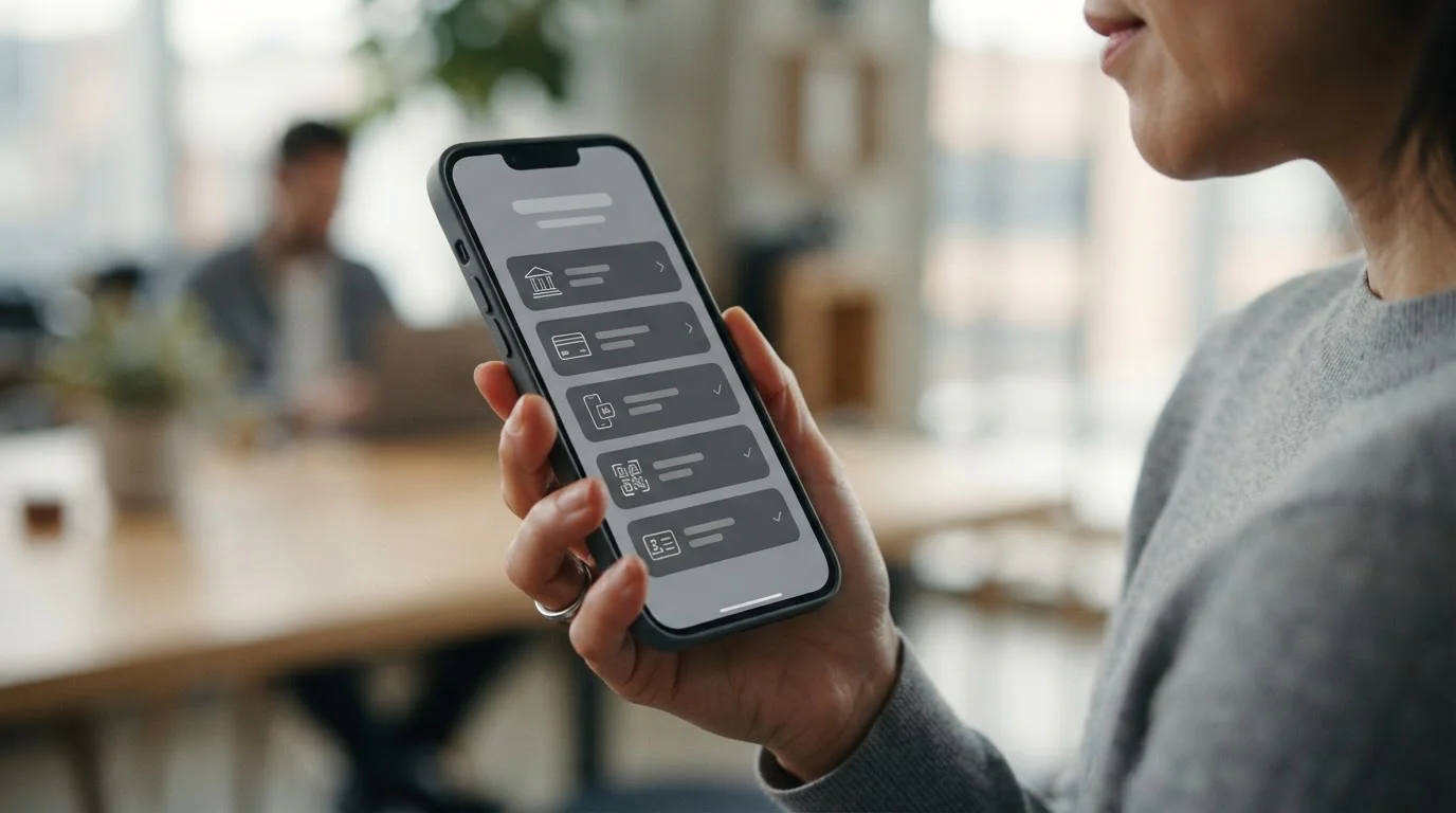 Smartphone-Bildschirm zeigt Auswahl verschiedener Zahlungsmethoden in einer lizenzierten Wett-App